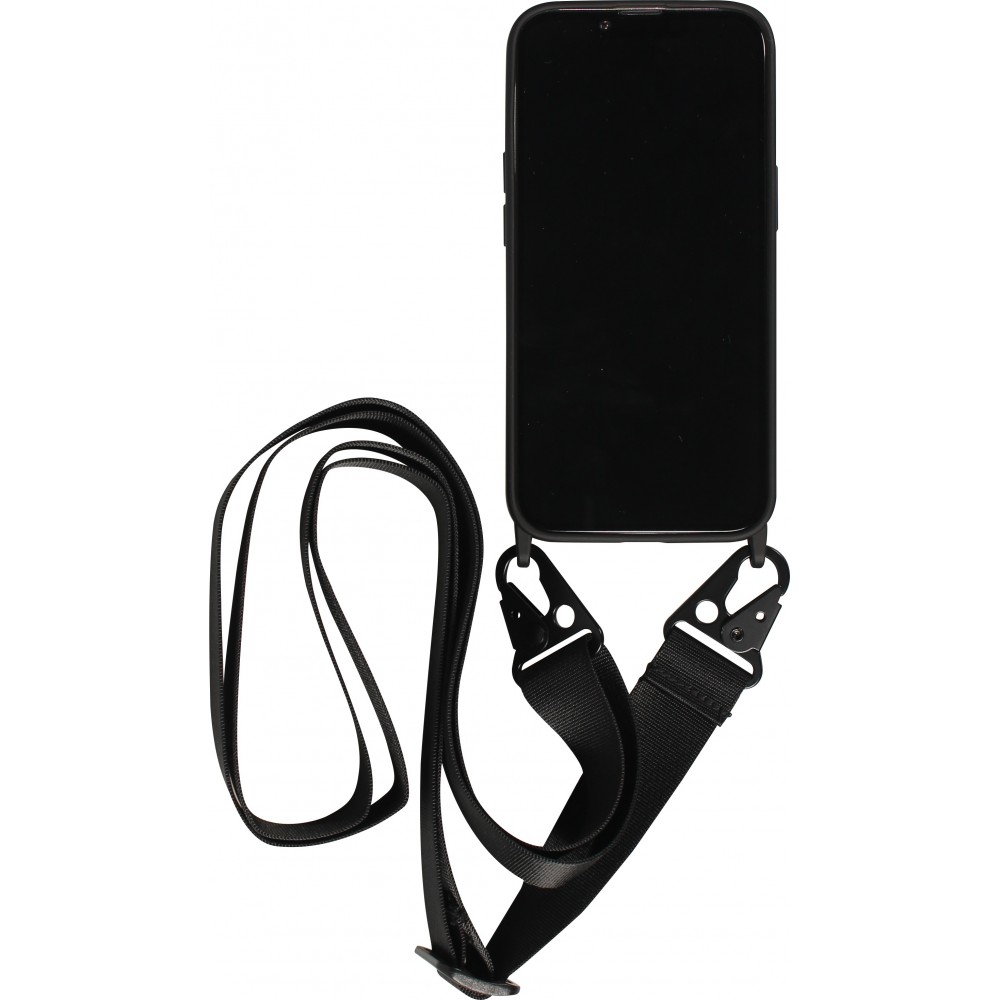 Coque iPhone 14 - Silicone mat avec lanière et mousqueton en fer - Noir
