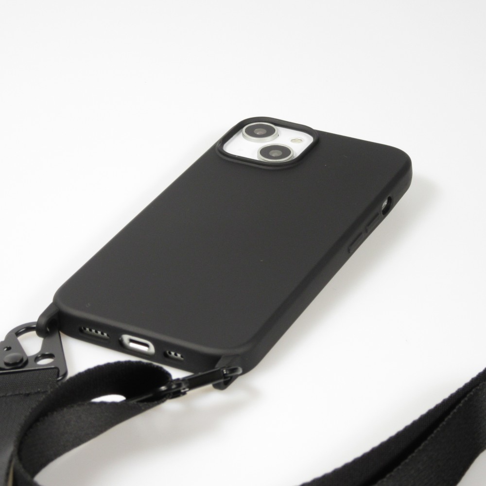 Coque iPhone 14 - Silicone mat avec lanière et mousqueton en fer - Noir