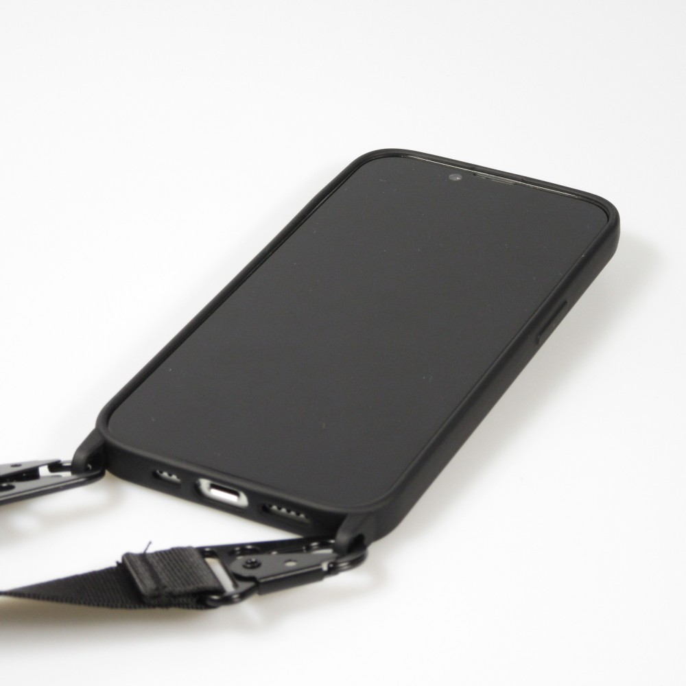 Coque iPhone 14 - Silicone mat avec lanière et mousqueton en fer - Noir
