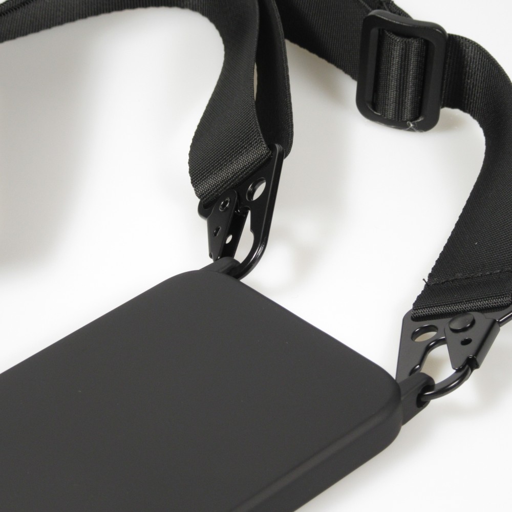 Coque iPhone 14 - Silicone mat avec lanière et mousqueton en fer - Noir