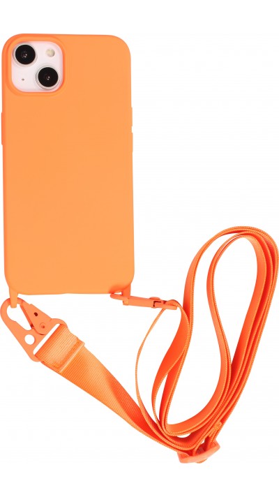 Coque iPhone 14 - Silicone mat avec lanière et mousqueton en fer - Orange