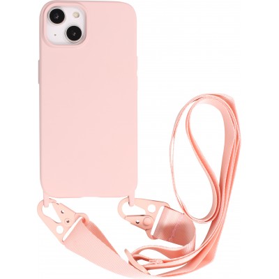 iPhone 14 Case Hülle - Silikon matt mit Trageschlaufe und Metall Karabiner - Rosa