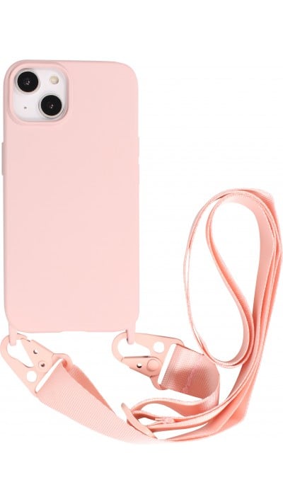 Coque iPhone 14 - Silicone mat avec lanière et mousqueton en fer - Rose