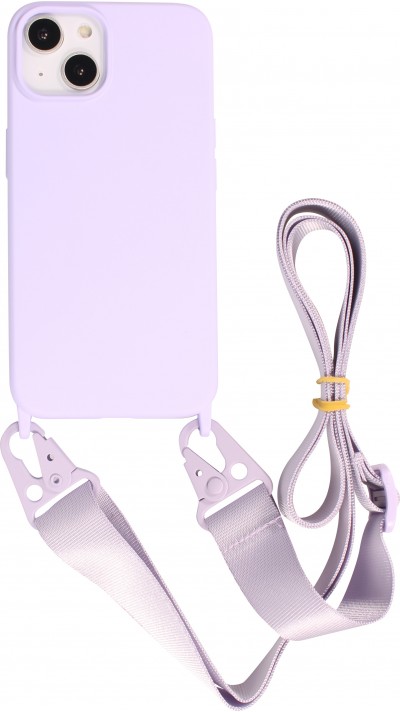 Coque iPhone 14 - Silicone mat avec lanière et mousqueton en fer - Violet clair
