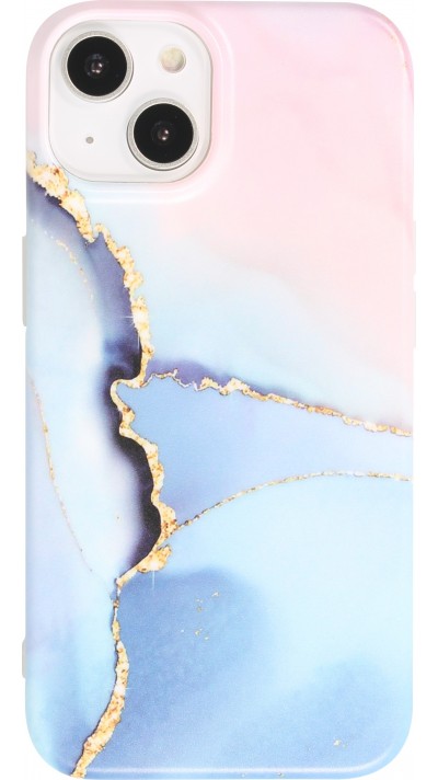 Coque iPhone 14 - Silicone mat effet marbre imprimé - Bleu rose