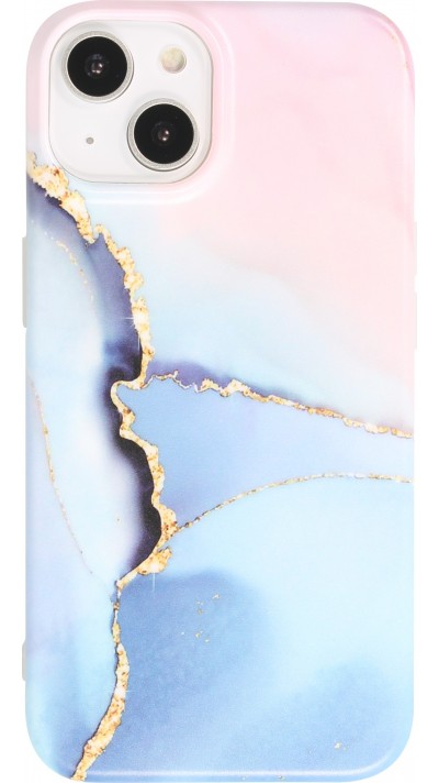 iPhone 14 Case Hülle - Mattes Silikon mit aufgedrucktem Marmoreffekt - Blau rosa