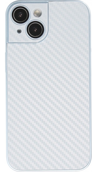 Coque iPhone 14 - Silicone rigide look fibre de carbone + protection caméra - Bleu clair