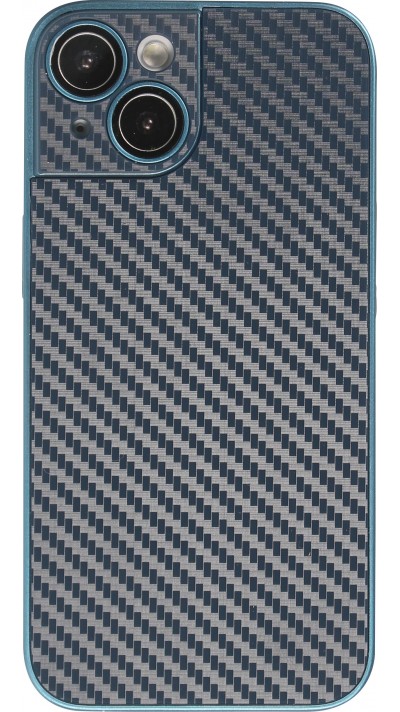 Coque iPhone 14 - Silicone rigide look fibre de carbone + protection caméra - Bleu foncé