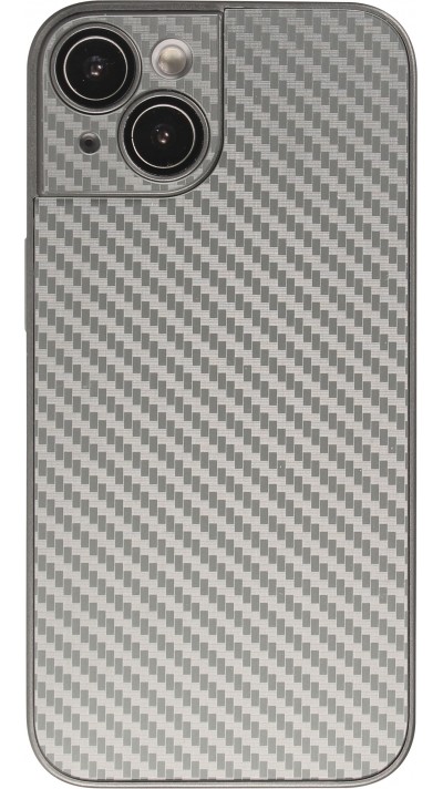 Coque iPhone 14 - Silicone rigide look fibre de carbone + protection caméra - Gris