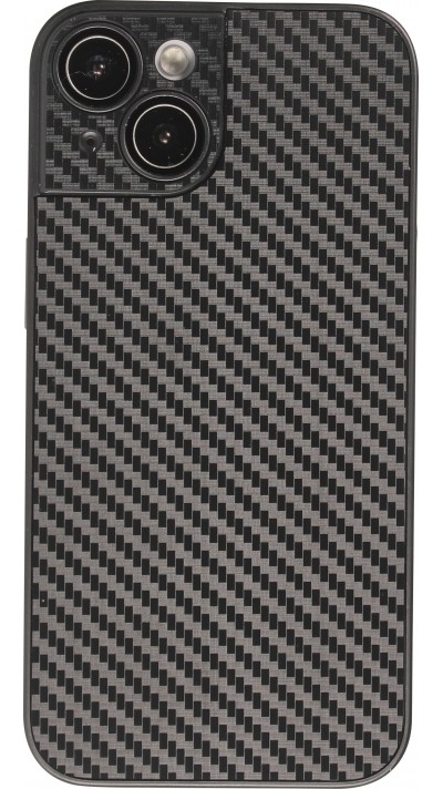 Coque iPhone 14 - Silicone rigide look fibre de carbone + protection caméra - Noir
