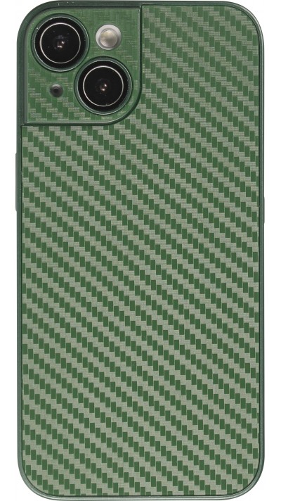 Coque iPhone 14 - Silicone rigide look fibre de carbone + protection caméra - Vert