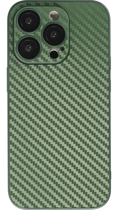 Coque iPhone 14 Pro- Silicone rigide look fibre de carbone + protection caméra - Vert