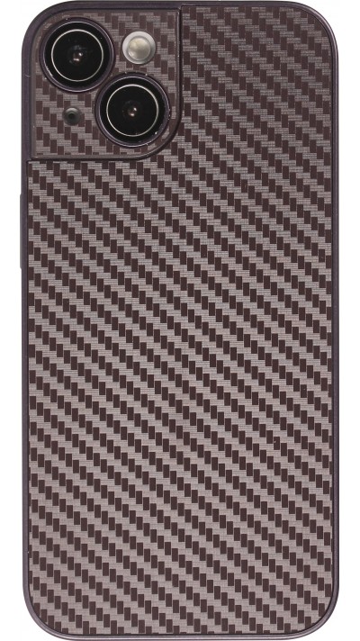 Coque iPhone 14 - Silicone rigide look fibre de carbone + protection caméra - Violet foncé