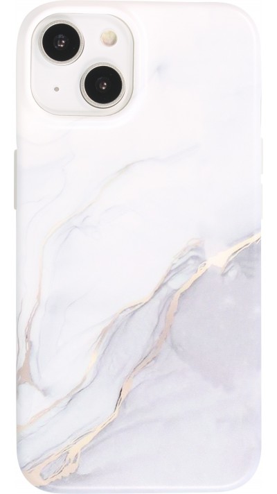 Coque iPhone 14 - Silicone rigide mat avec effet marbre imprimé - Blanc gris