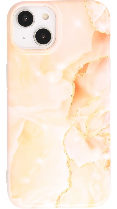 Coque iPhone 14 Plus - Silicone rigide mat avec effet marbre imprimé - Orange saumon