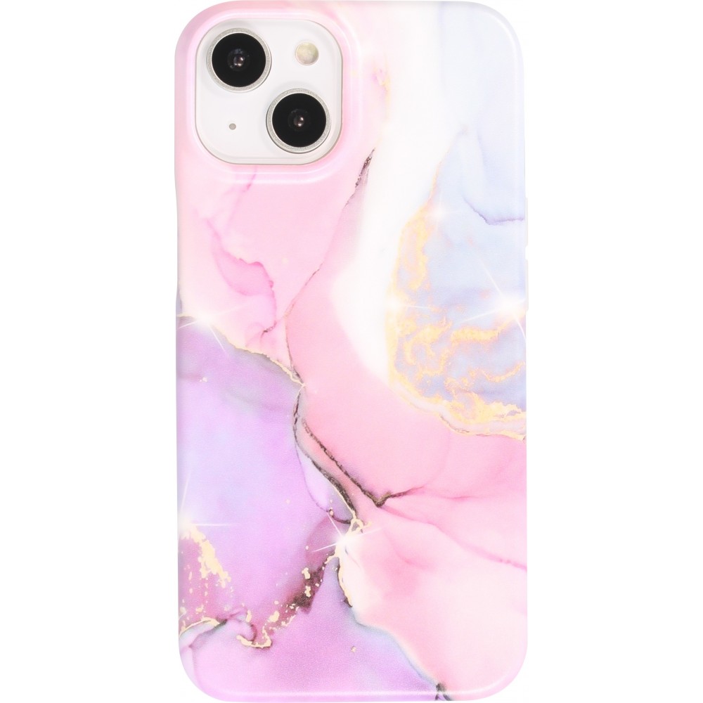 iPhone 14 Case Hülle - Mattes Silikon mit aufgedrucktem Marmoreffekt - Rosa lila