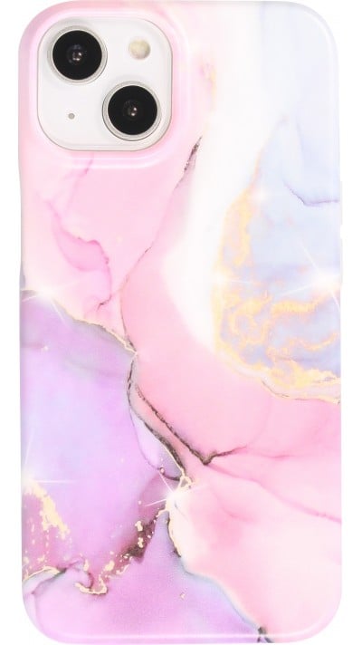 Coque iPhone 14 - Silicone rigide mat avec effet marbre imprimé - Rose Violet