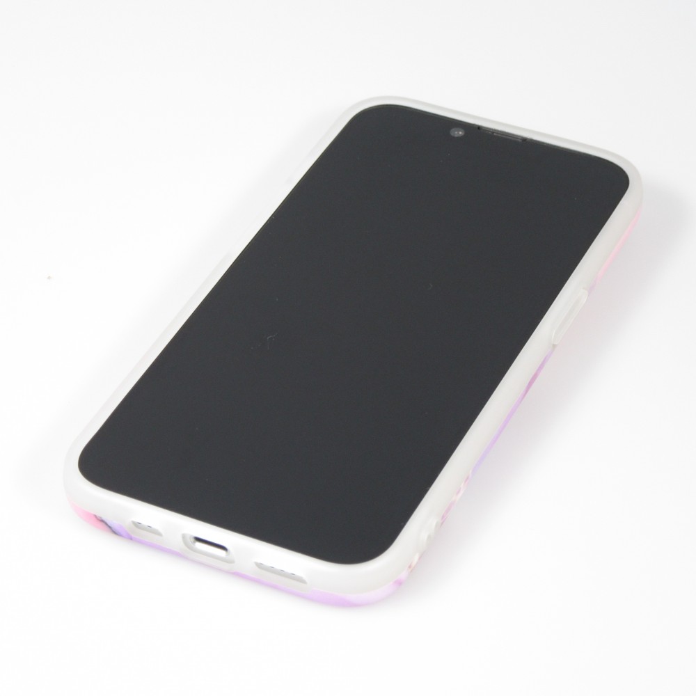 iPhone 14 Case Hülle - Mattes Silikon mit aufgedrucktem Marmoreffekt - Rosa lila