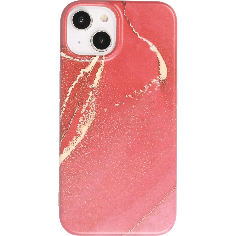Coque iPhone 14 - Silicone rigide mat avec effet marbre imprimé - Rouge