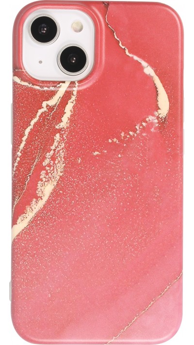 Coque iPhone 14 - Silicone rigide mat avec effet marbre imprimé - Rouge