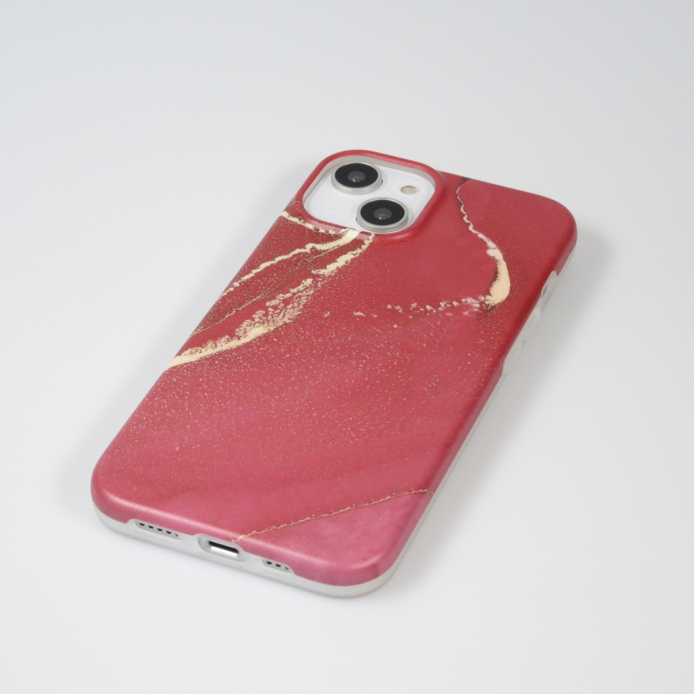Coque iPhone 14 - Silicone rigide mat avec effet marbre imprimé - Rouge