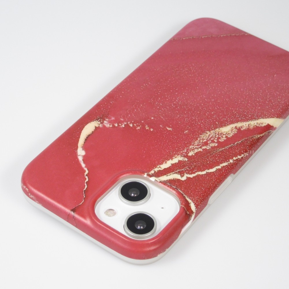Coque iPhone 14 - Silicone rigide mat avec effet marbre imprimé - Rouge