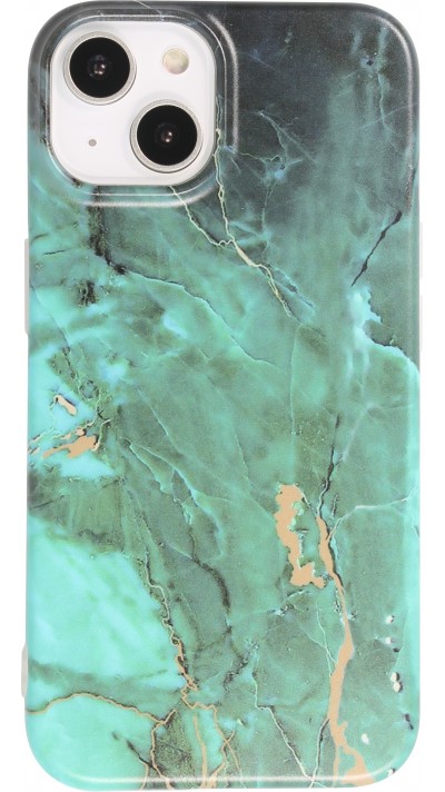Coque iPhone 14 - Silicone rigide mat avec effet marbre imprimé - Vert