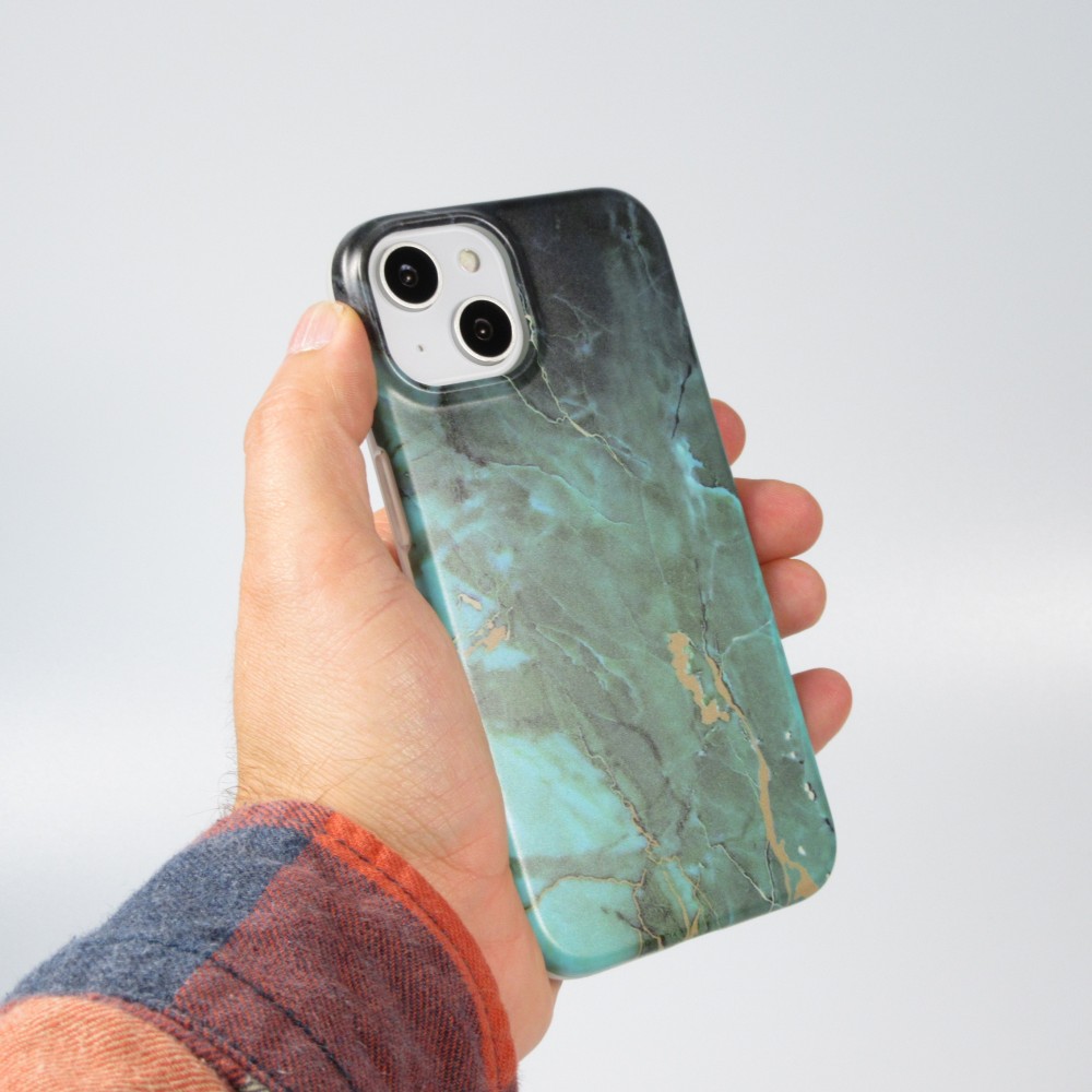Coque iPhone 14 Plus - Silicone rigide mat avec effet marbre imprimé - Vert