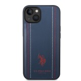 Coque iPhone 14 - U.S. Polo Assn. Similicuir avec coutures et logo imprimé en rouge - Bleu