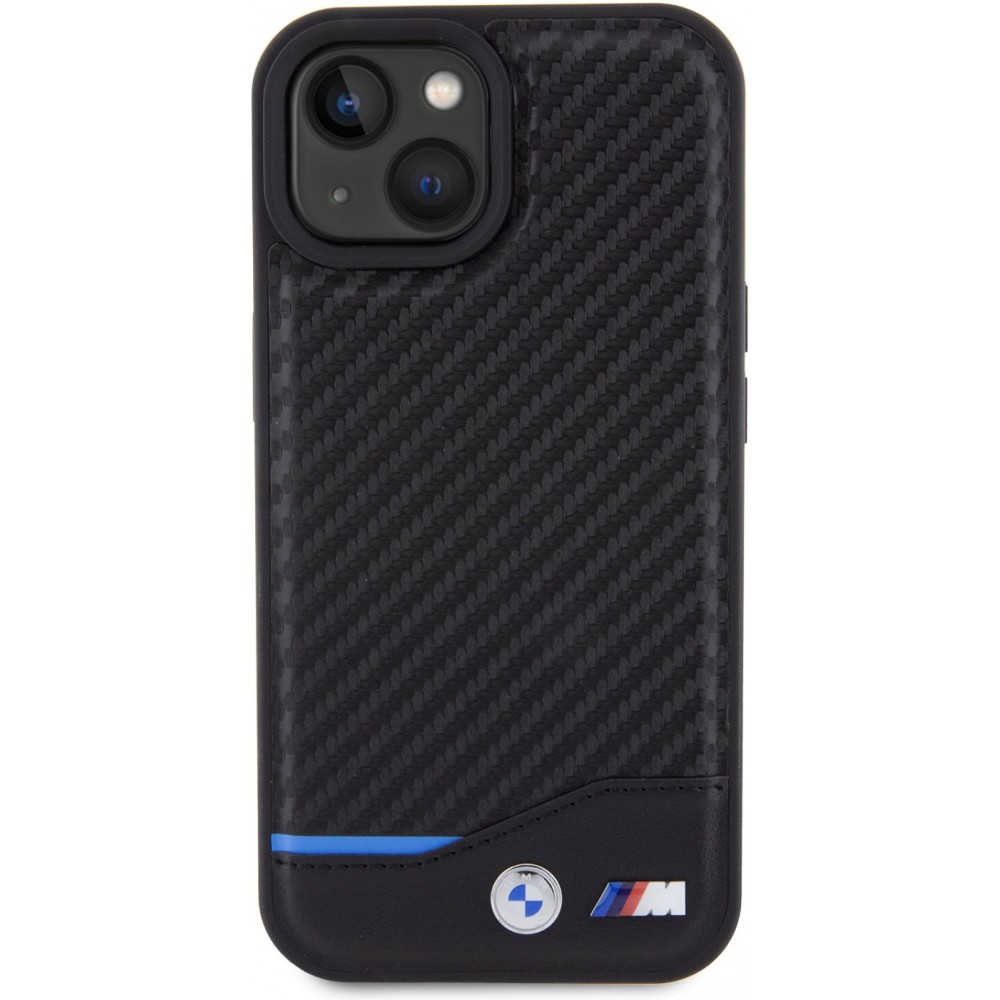 iPhone 15 Case Hülle - BMW M Karbon-Effekt und Leder mit geprägtem Metall-Logo - Schwarz