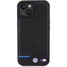 iPhone 15 Case Hülle - BMW M Karbon-Effekt und Leder mit geprägtem Metall-Logo - Schwarz