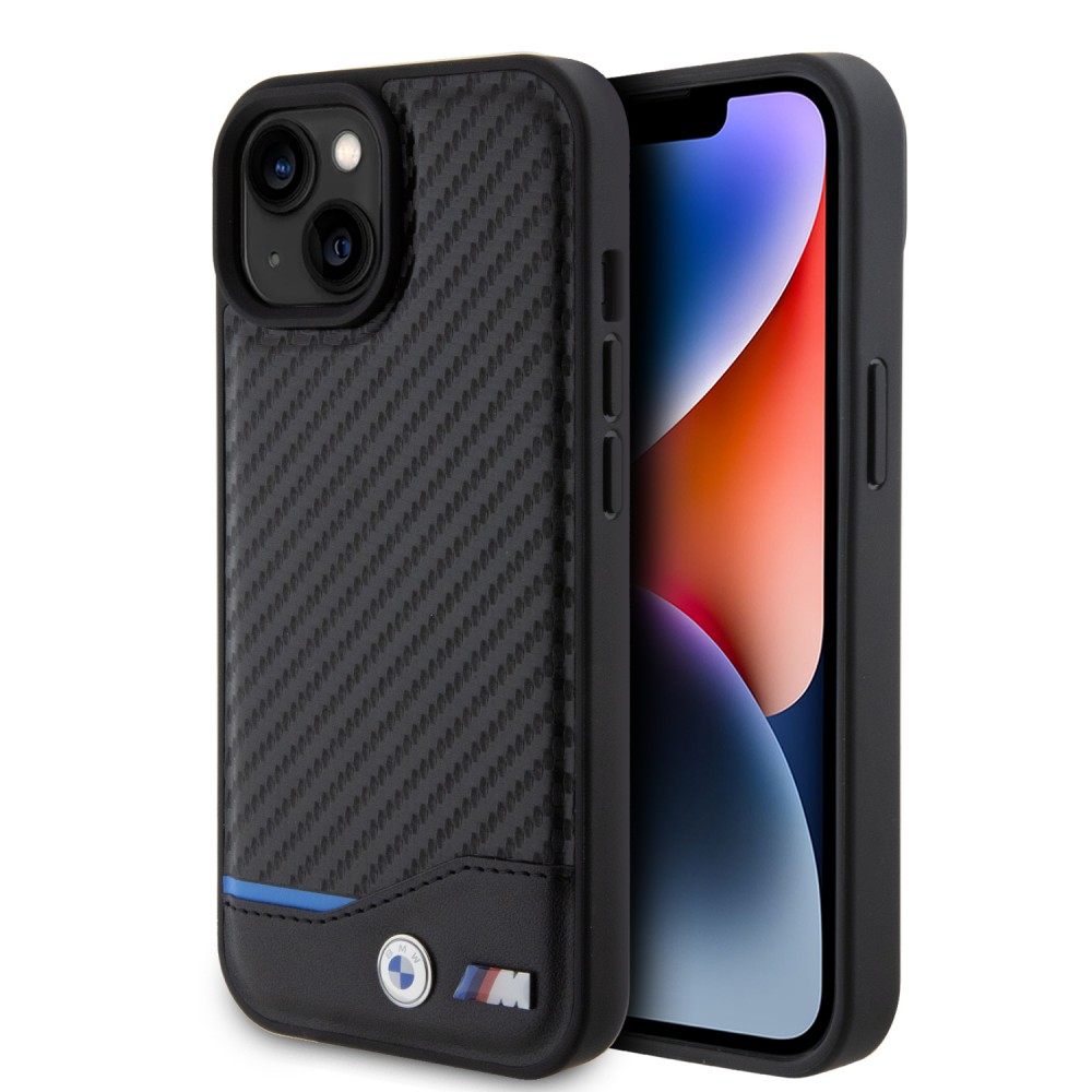 iPhone 15 Case Hülle - BMW M Karbon-Effekt und Leder mit geprägtem Metall-Logo - Schwarz