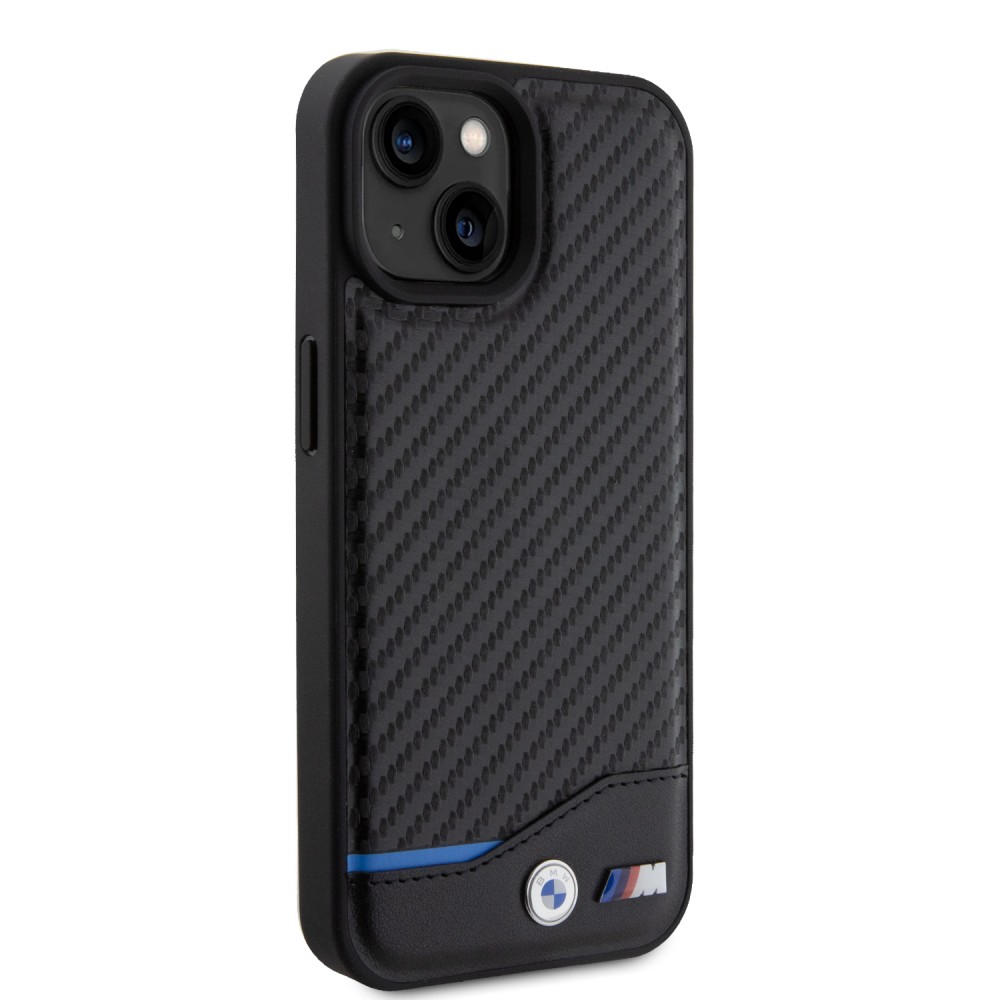 iPhone 15 Case Hülle - BMW M Karbon-Effekt und Leder mit geprägtem Metall-Logo - Schwarz