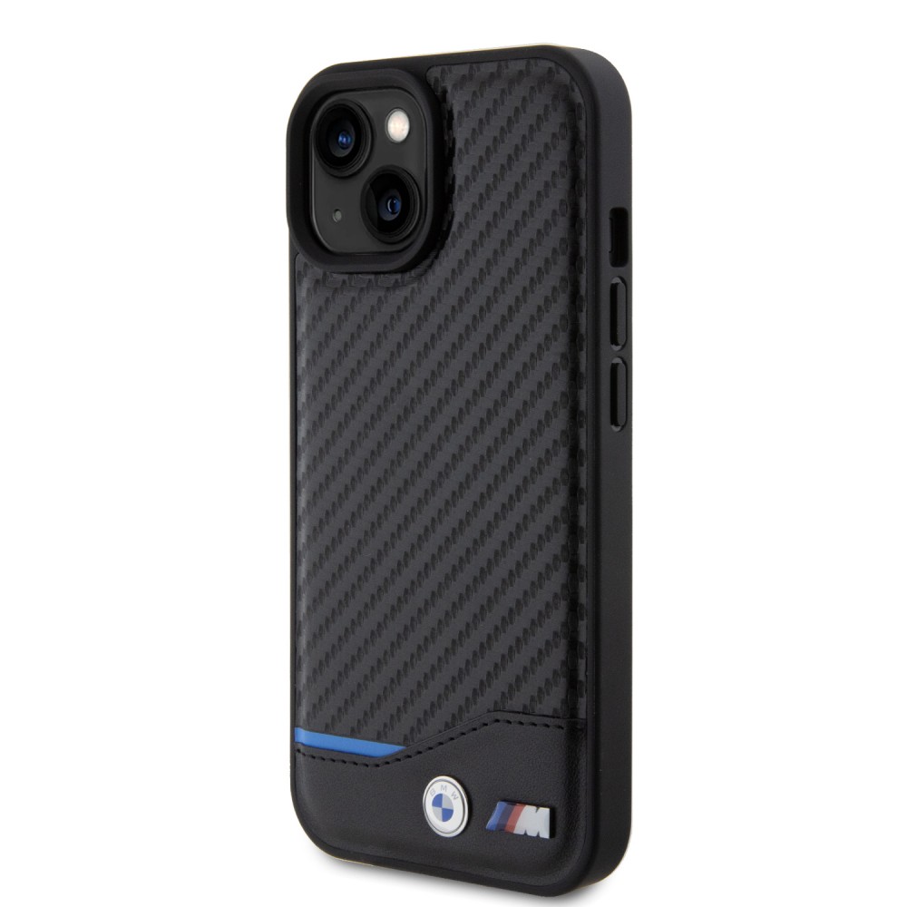 iPhone 15 Case Hülle - BMW M Karbon-Effekt und Leder mit geprägtem Metall-Logo - Schwarz