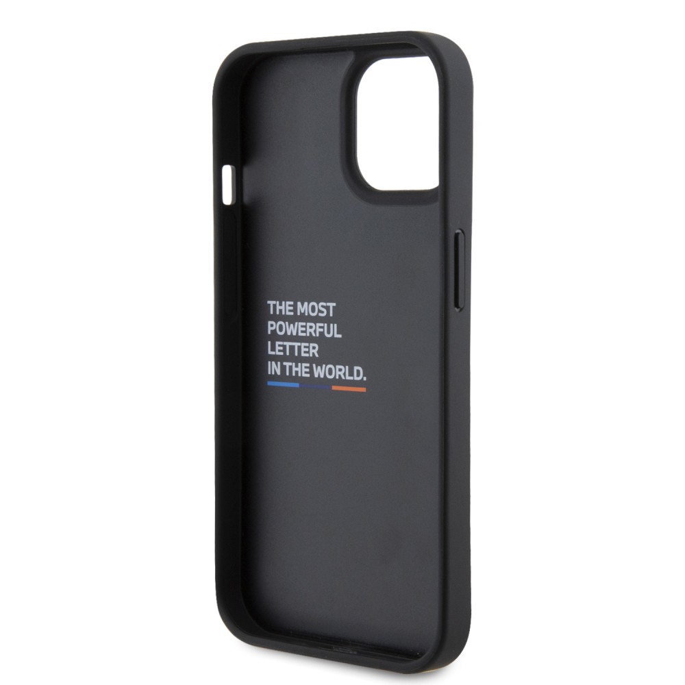 iPhone 15 Case Hülle - BMW M Karbon-Effekt und Leder mit geprägtem Metall-Logo - Schwarz