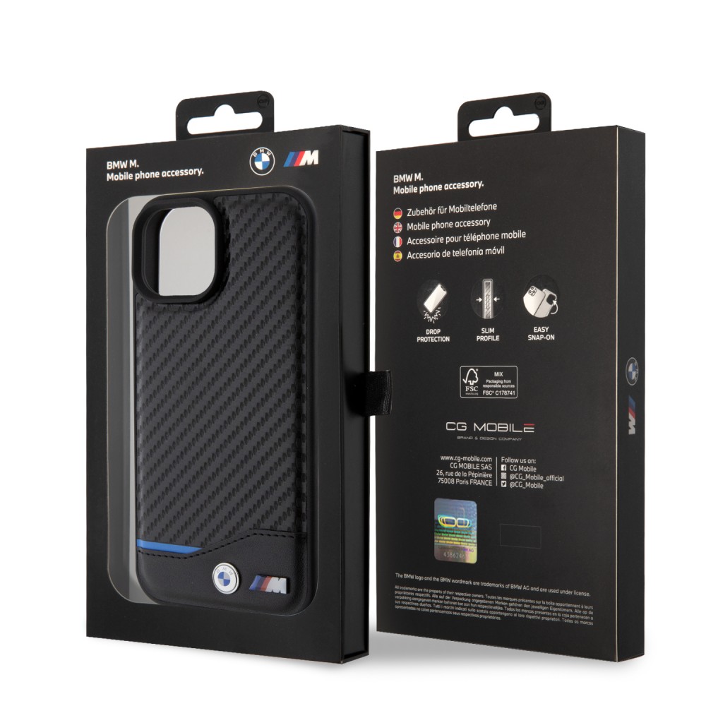 iPhone 15 Case Hülle - BMW M Karbon-Effekt und Leder mit geprägtem Metall-Logo - Schwarz