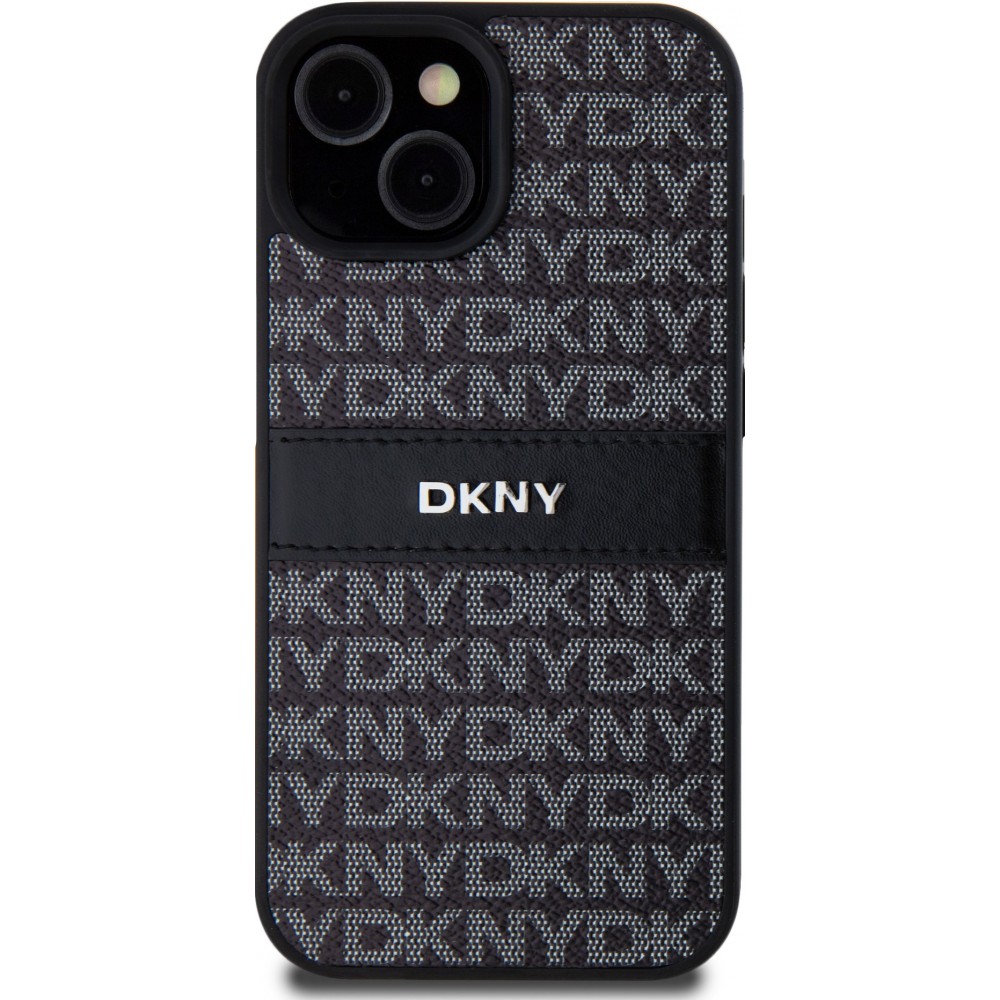 Coque iPhone 15 - DKNY silicone similicuir monogramme logo métallique - Noir