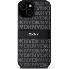 Coque iPhone 15 - DKNY silicone similicuir monogramme logo métallique - Noir