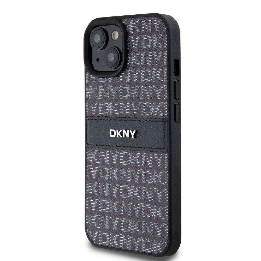 Coque iPhone 15 - DKNY silicone similicuir monogramme logo métallique - Noir