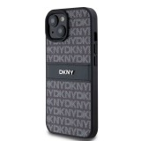 Coque iPhone 15 - DKNY silicone similicuir monogramme logo métallique - Noir