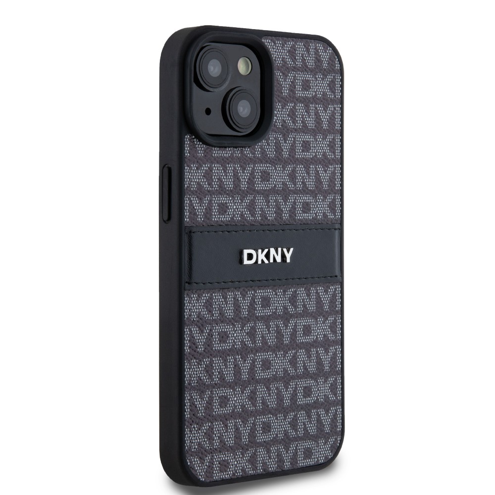 Coque iPhone 15 - DKNY silicone similicuir monogramme logo métallique - Noir