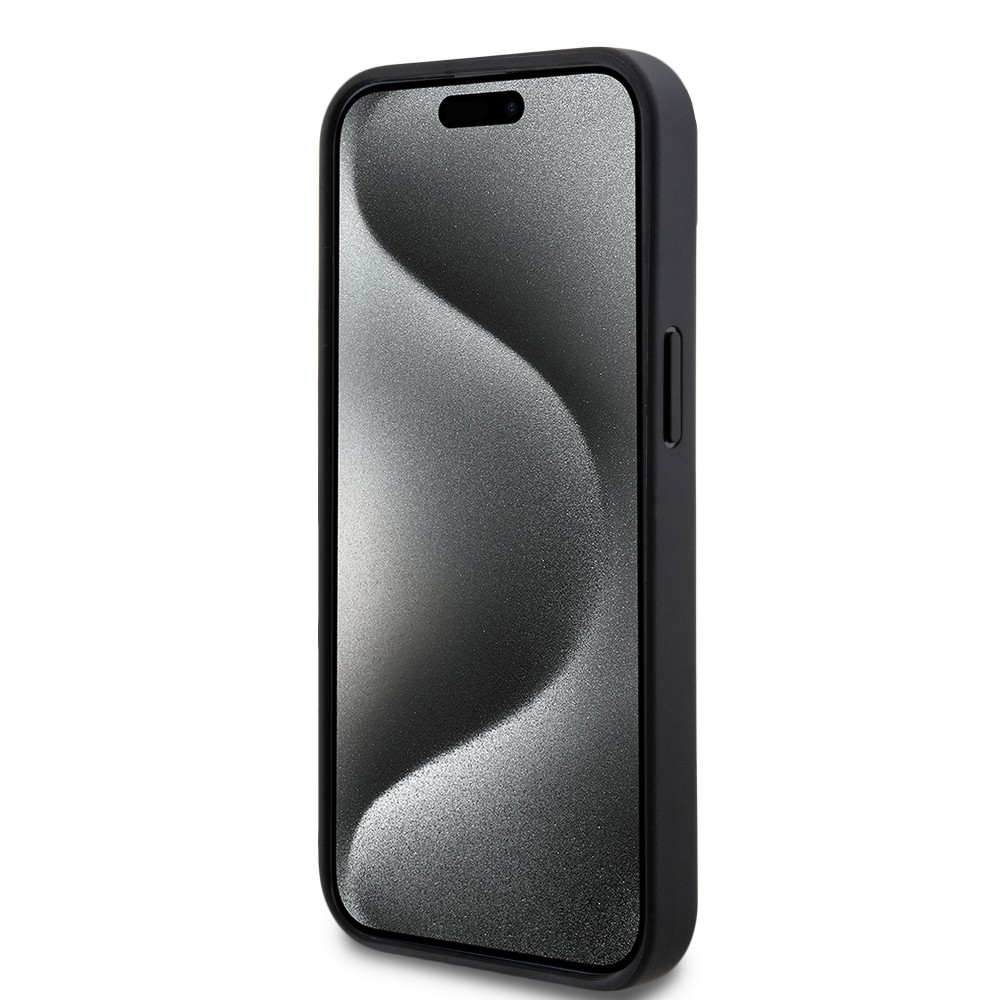 Coque iPhone 15 - DKNY silicone similicuir monogramme logo métallique - Noir