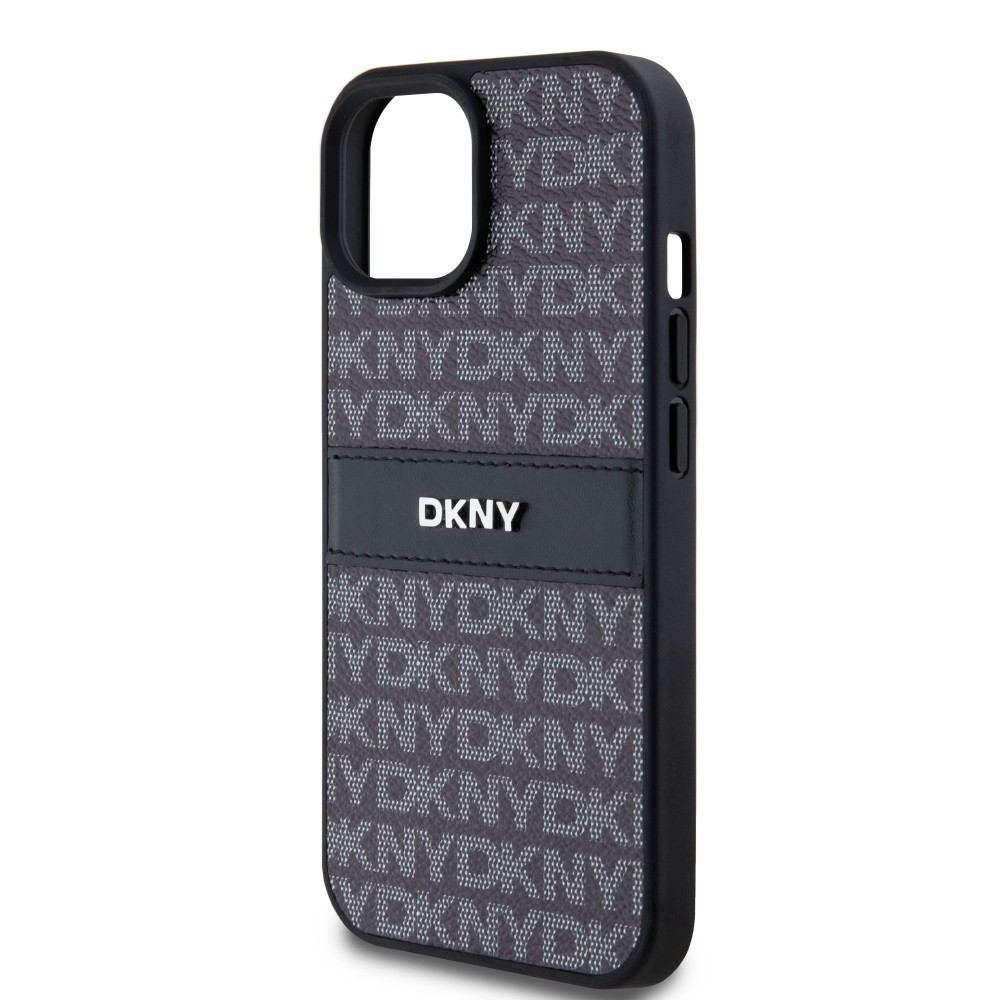 Coque iPhone 15 - DKNY silicone similicuir monogramme logo métallique - Noir