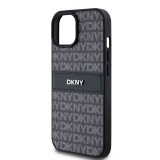 Coque iPhone 15 - DKNY silicone similicuir monogramme logo métallique - Noir