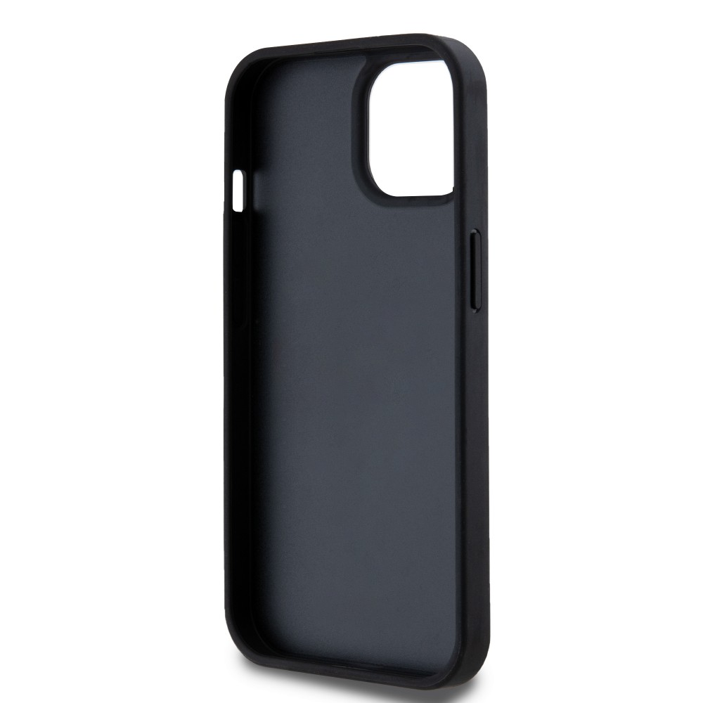 Coque iPhone 15 - DKNY silicone similicuir monogramme logo métallique - Noir