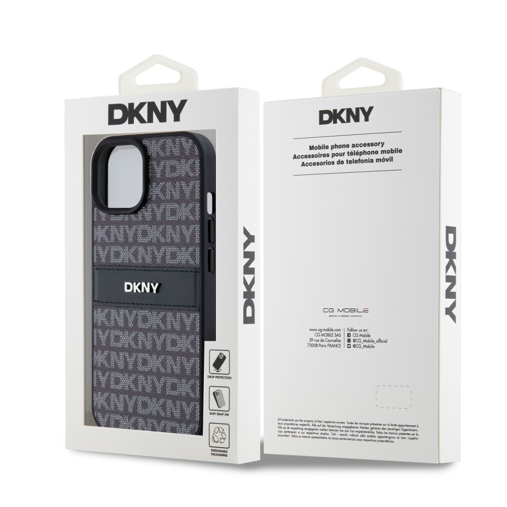 Coque iPhone 15 - DKNY silicone similicuir monogramme logo métallique - Noir
