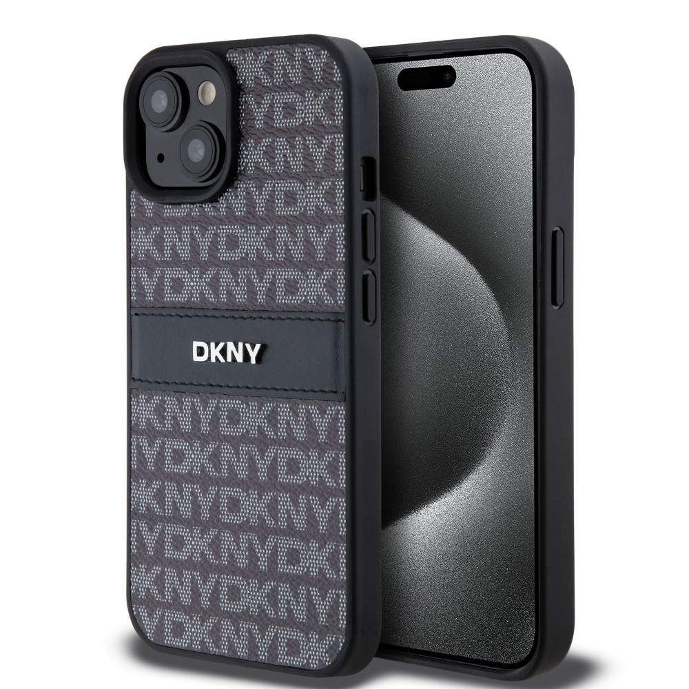 Coque iPhone 15 - DKNY silicone similicuir monogramme logo métallique - Noir