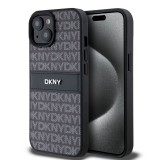 Coque iPhone 15 - DKNY silicone similicuir monogramme logo métallique - Noir