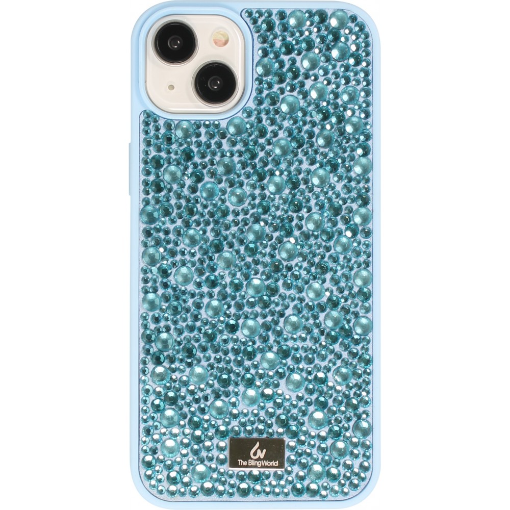 Coque iPhone 15 Plus - Diamant strass The Bling World - Bleu clair