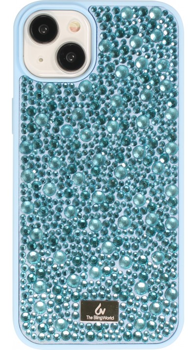 Coque iPhone 15 Plus - Diamant strass The Bling World - Bleu clair